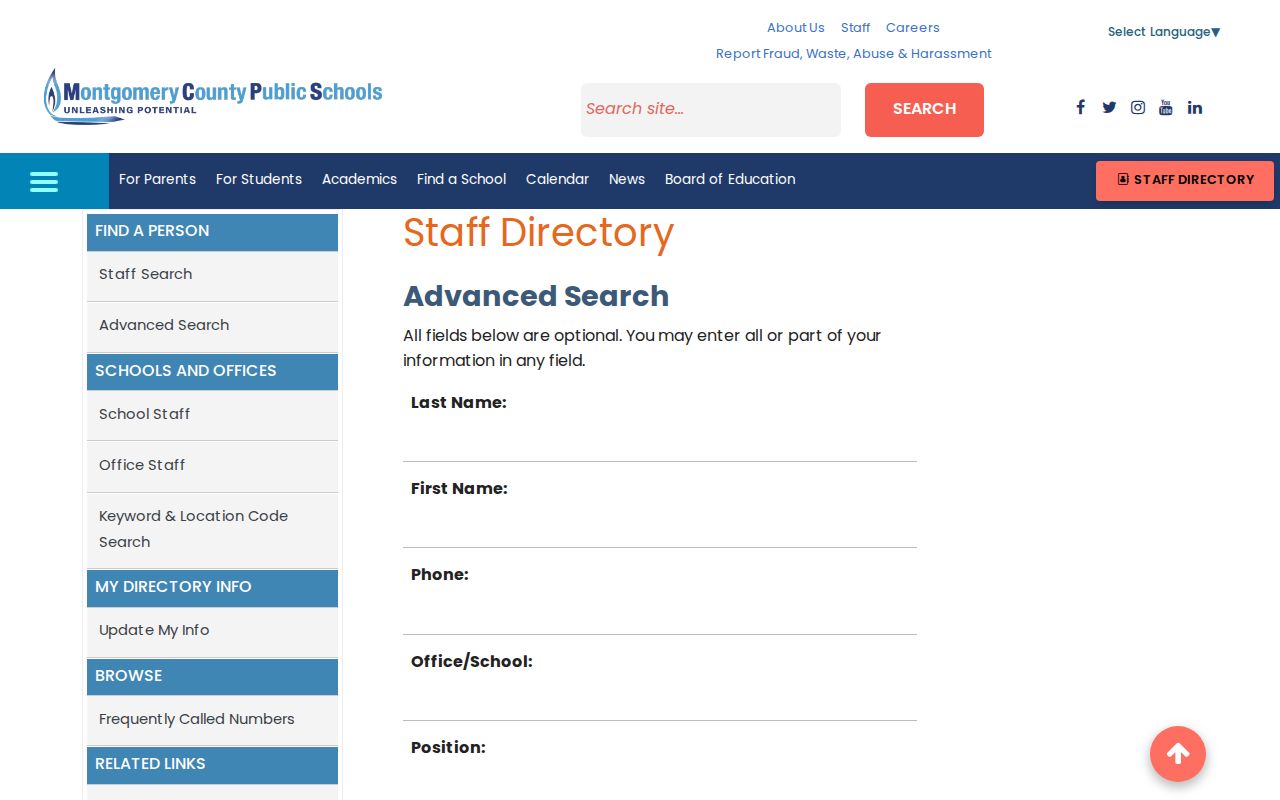 North Potomac people directories MCPS advanced search fields