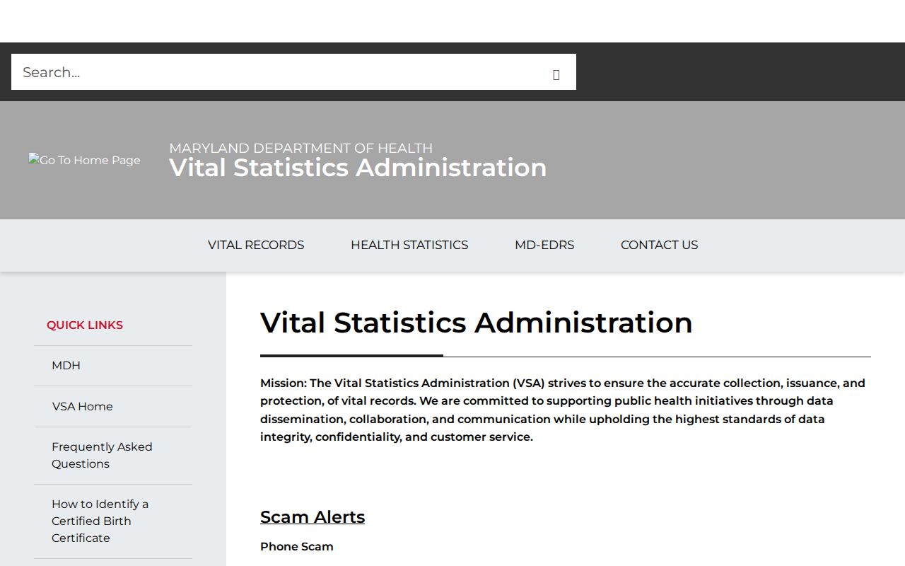 North Potomac public records options on Maryland vital records ordering page