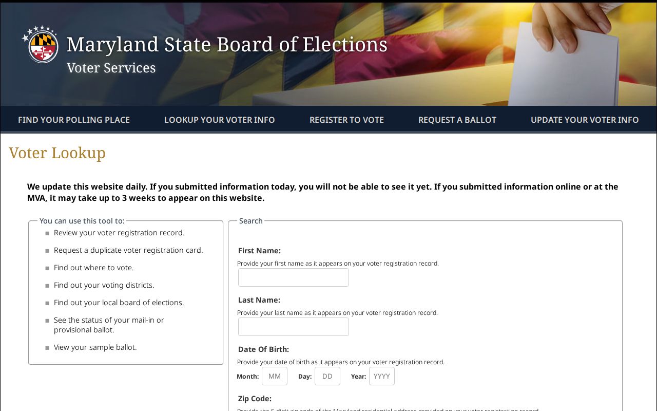 North Potomac voter registration records authenticated lookup form